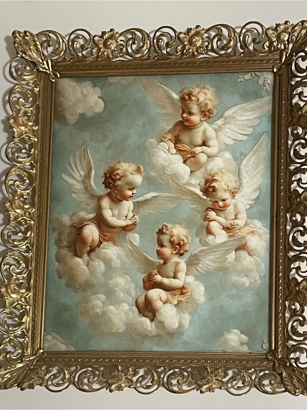 Cherub Angels  in Ornate Gold Frame - Soft Blue & Cream
